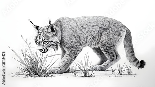 Lynx Crouching in Snow Detailed Pen and Ink Drawing of Powerful Feline in Winter Landscape  Captures the Fierce and Stealthy Nature of this Predatory Mammal Blending into its Snowy Habitat