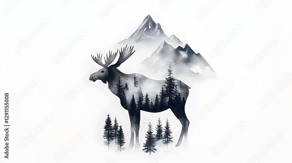 Majestic Moose Standing Tall in a Mystical Foggy Forest Landscape Illustrated with Detailed Antlers and Textured Fur Using a Cross Hatching Technique