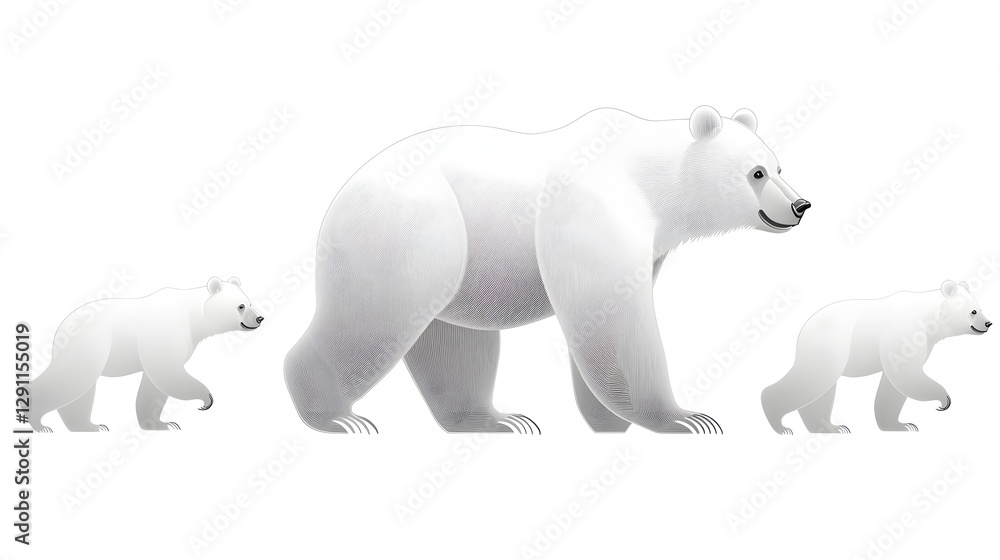 Majestic mother bear leading her adorable polar bear cubs through the snow covered wilderness illustrated in a fine line engraving technique that enhances the texture and depth of their fur coats
