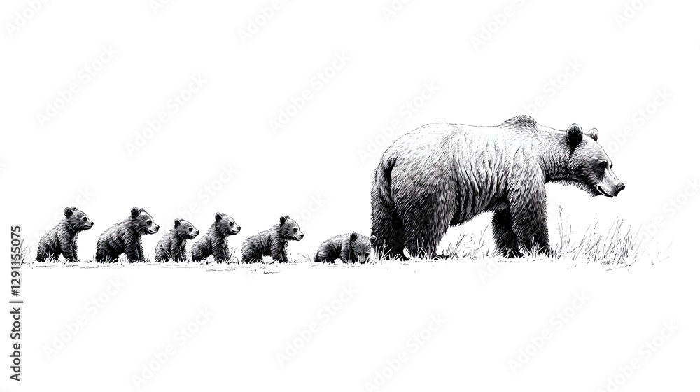 Majestic mother bear leading her curious cubs through the serene forest landscape