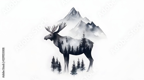 Obraz na płótnie Majestic Moose Standing Tall in a Mystical Foggy Forest Landscape Illustrated with Detailed Antlers and Textured Fur Using a Cross Hatching Technique w salonie