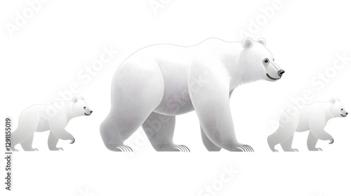 Obraz na płótnie Majestic mother bear leading her adorable polar bear cubs through the snow covered wilderness illustrated in a fine line engraving technique that enhances the texture and depth of their fur coats w salonie