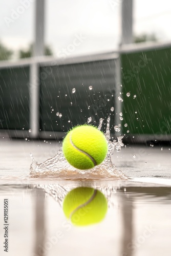 Bright green tennis ball splashes into water, creating dynamic r