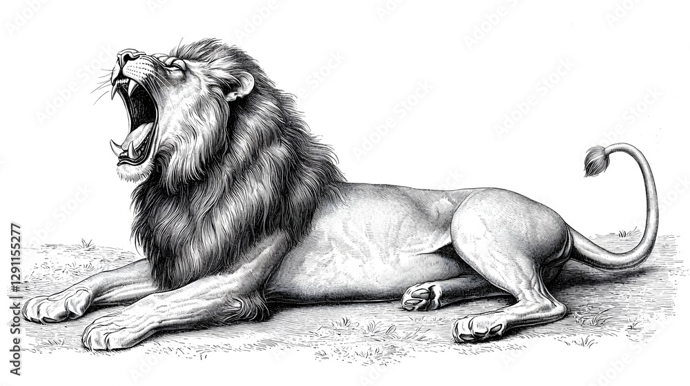 Majestic Roaring Lion in Vintage Woodcut Engraving Style with Fine Black Ink Linework and High Contrast Shading