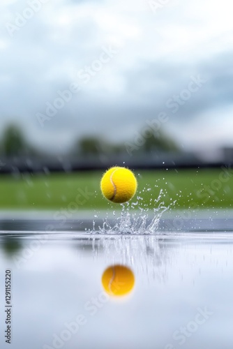Bright yellow ball splashes into water, creating ripples and ref