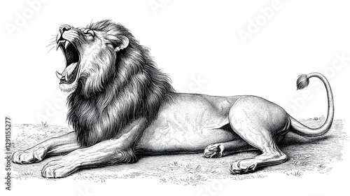 Obraz na płótnie Majestic Roaring Lion in Vintage Woodcut Engraving Style with Fine Black Ink Linework and High Contrast Shading w salonie