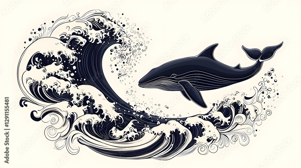 Majestic whale breaching the ocean surface drawn in a high contrast ink line style with dramatic wave textures