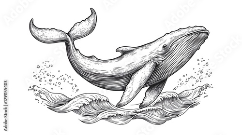 Obraz na płótnie Majestic Whale Breaching the Dramatic Ocean Waves in Stylized Ink A high contrast ink drawn depiction of a whale leaping out of the turbulent ocean surface w salonie