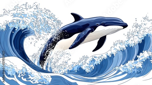 Obraz na płótnie Majestic whale breaching the dramatic ocean surface captured in a high contrast ink line with striking wave textures and a sense of powerful elegant movement w salonie