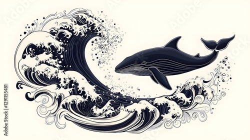 Obraz na płótnie Majestic whale breaching the ocean surface drawn in a high contrast ink line style with dramatic wave textures w salonie