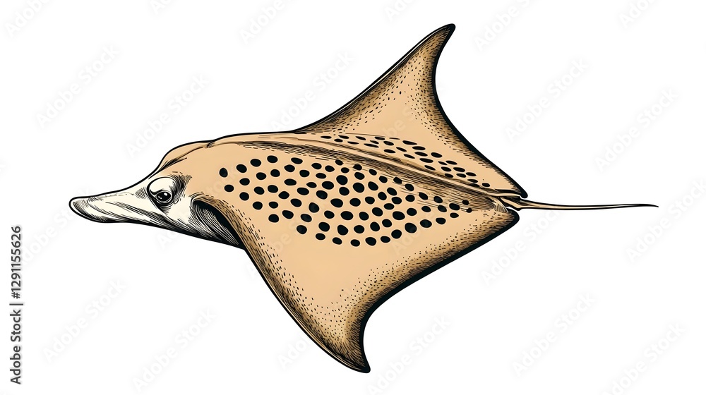 Manta Ray Gliding Underwater with Elegant Line Engraving and Shading High detail of a manta ray swimming in the ocean drawn in a stylized minimalist line engraving style with graceful