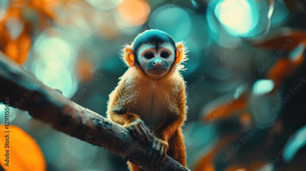 Naklejka premium Playful monkey sitting on a branch amidst vibrant foliage