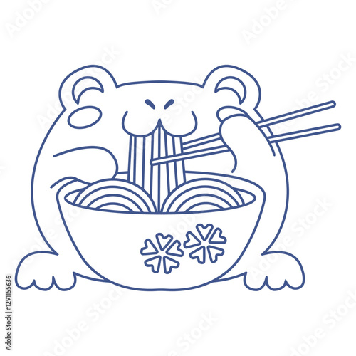 Frog Eats Noodles: A whimsical line drawing of a cute frog happily eating a bowl of noodles with chopsticks, evoking a sense of fun and lightheartedness.