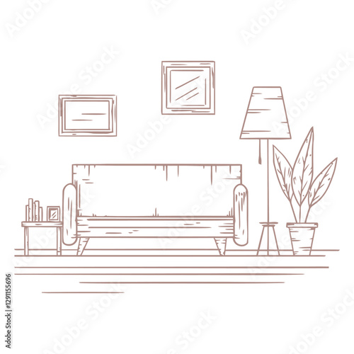 Cozy Living Room Illustration: An inviting sketch of a living space featuring a comfortable sofa, framed wall art, and a stylish floor lamp, creating a sense of warmth and relaxation.