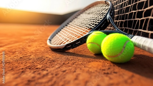 Tennis racket rests beside vibrant green balls on sunlit clay co