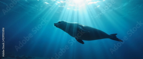 Seal silhouette diving underwater with sunlight rays, serene ocean theme photo