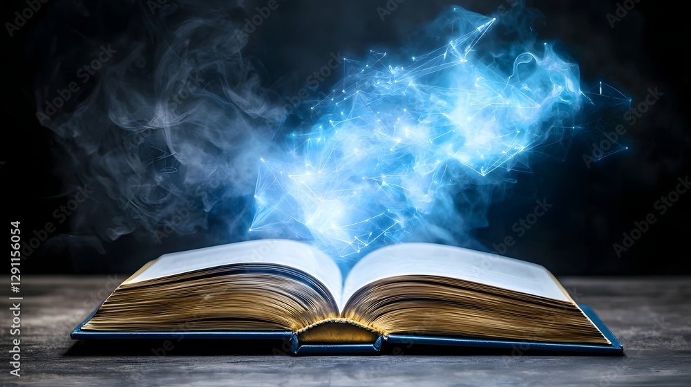 Mystical book opening to reveal a holographic universe with data particles flowing like cosmic energy in a captivating sci fi fantasy fusion