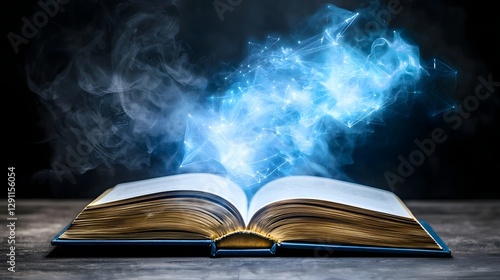 Obraz na płótnie Mystical book opening to reveal a holographic universe with data particles flowing like cosmic energy in a captivating sci fi fantasy fusion w salonie