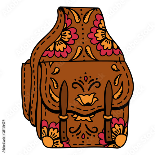 Vintage Leather Saddlebag Illustration: An exquisitely crafted leather saddlebag, adorned with vibrant floral patterns and intricate designs, stands as a testament to timeless artistry and utility.