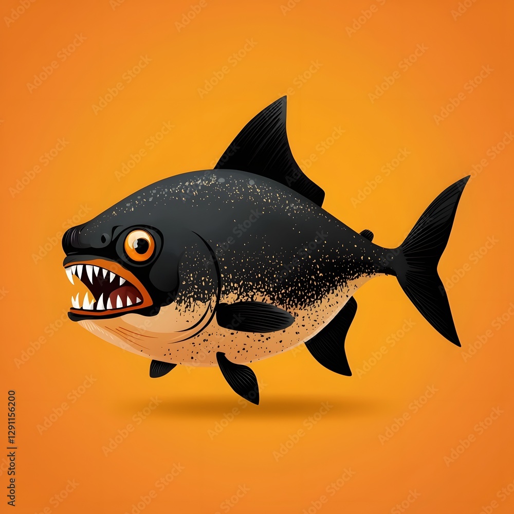 of a fearsome piranha with its razor sharp teeth bared in a bold dramatic woodblock print style The aquatic predator s aggressive predatory nature is highlighted through the textured