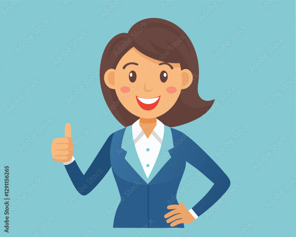 Vector cartoon flat illustration of young smiling Confident Businesswoman in Suit: Thumbs Up Vector cartoon flat illustration of young smiling Confident Businesswoman in Suit: Thumbs Up