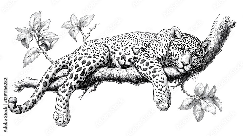 of a jaguar resting on a tree branch drawn in a traditional ink engraving style with deep shadows intricate fur details and a sense of power and grace