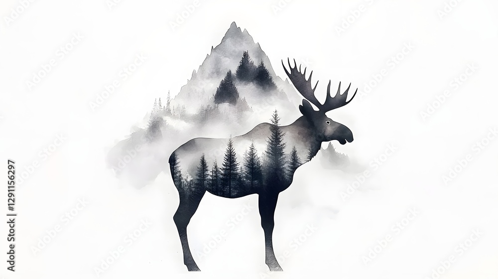 of a majestic moose standing tall in a foggy forested mountain landscape featuring detailed antlers and a textured fur coat created with a cross hatching technique