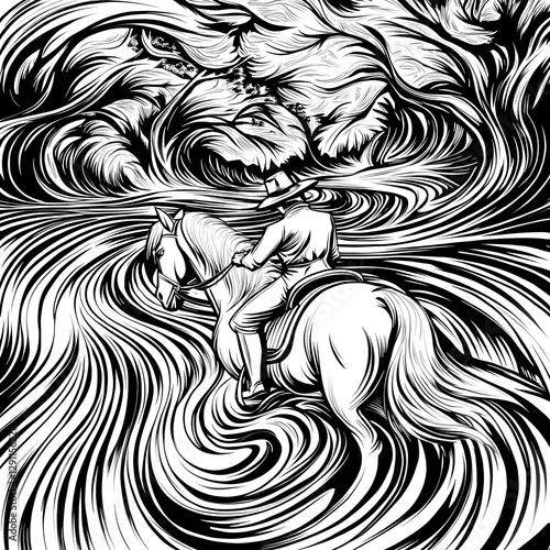 Noir inspired detective scene featuring a shadowy figure on horseback rendered in bold black ink with strong cinematic contrast and graphic novel style  The image exudes mystery suspense and a moody