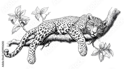 Obraz na płótnie of a jaguar resting on a tree branch drawn in a traditional ink engraving style with deep shadows intricate fur details and a sense of power and grace w salonie