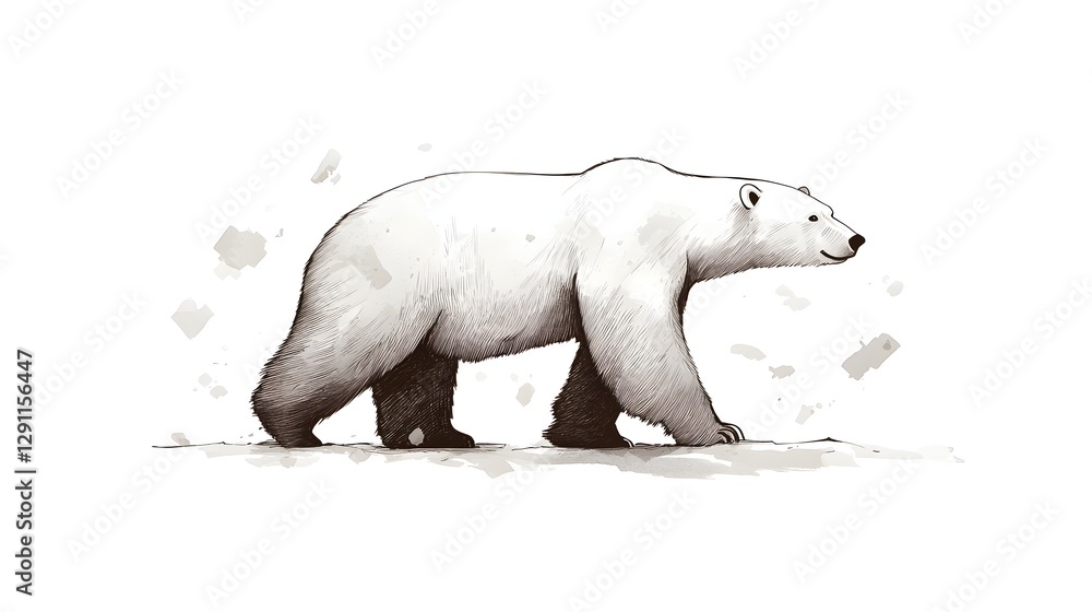 of a polar bear walking across the icy Arctic landscape its fur rendered with delicate cross hatching in a naturalist pen and ink drawing style