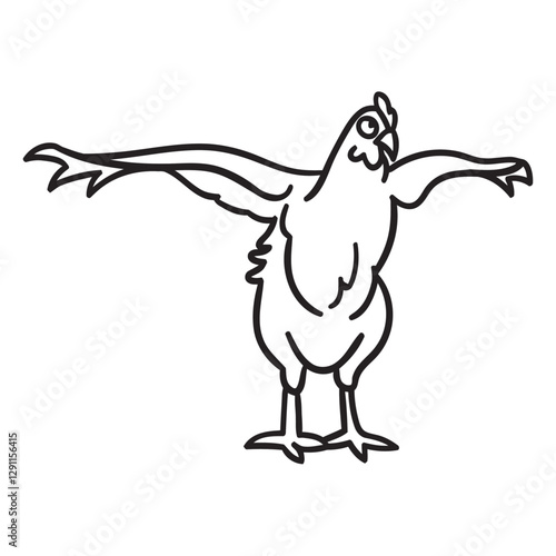 Chicken's Triumphant Pose: A cartoon style illustration showcases a chicken in a funny pose, as if it's proudly displaying its wings and celebrating its success.