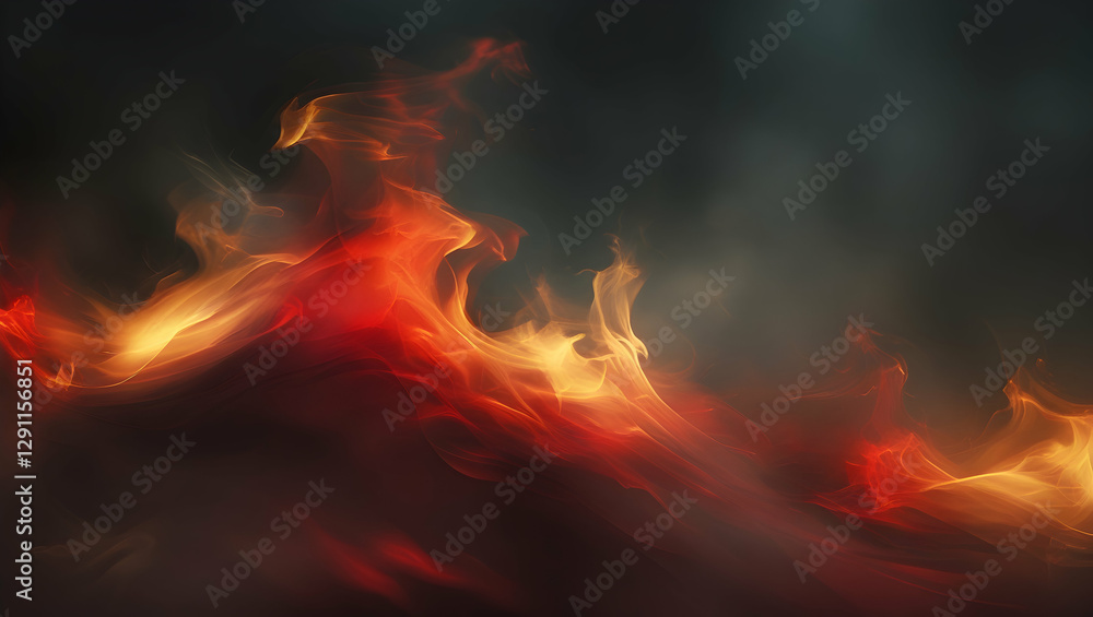 Fototapeta premium Fiery flames with orange and red hues against a dark, smoky background.