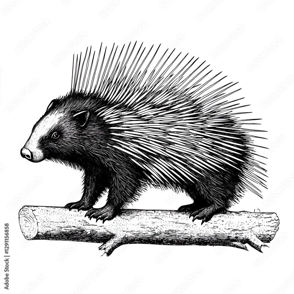 of a porcupine with its quills bristling in a detailed scratchboard engraving style emphasizing the animal s spiky texture and high contrast black and white graphic elements