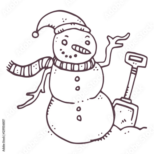 Whimsical Snowman Sketch: An endearing illustration of a jovial snowman with a top hat, scarf, and a shovel, evoking a sense of wintertime delight.