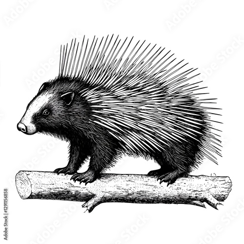 Obraz na płótnie of a porcupine with its quills bristling in a detailed scratchboard engraving style emphasizing the animal s spiky texture and high contrast black and white graphic elements w salonie