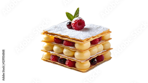 Classic Mille-Feuille Pastry with Vanilla Cream, Caramel, and Raspberry – A High-Quality PNG Image with a Transparent Background for Versatile Use