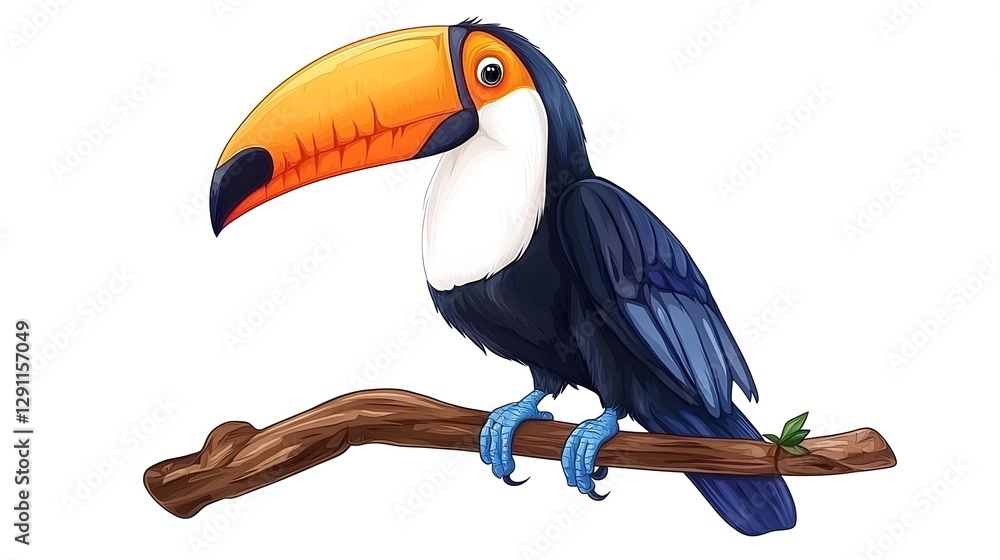 of a vibrant toucan bird perched on a tropical branch created using a stippled ink technique that enhances the textures of the feathers and foliage