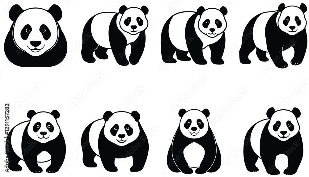Fototapeta premium Panda vector shilhouette bundle. Panda vector set icon.