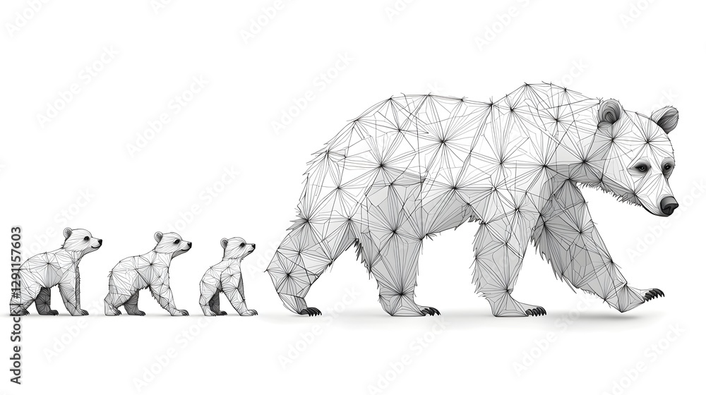 Polygonal engraved of a mother bear with her curious cubs in a stylized natural habitat