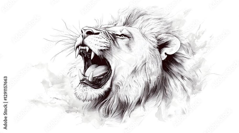Powerful and Captivating Vintage Inspired Woodcut Engraving Depicting the Fierce Roar of a Majestic Lion with Fine Black Ink Linework and High Contrast Shading