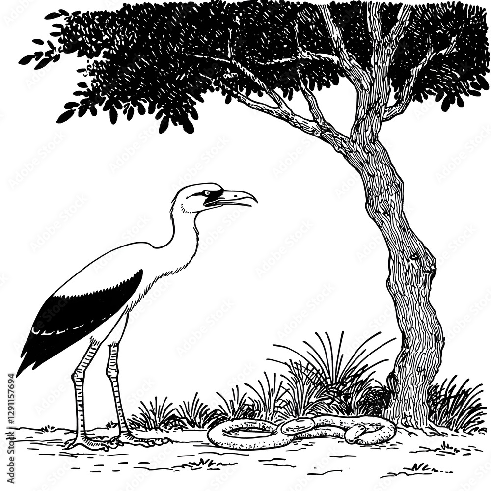 Powerful and dynamic ink depicting a secretary bird aggressively striking at a snake in a natural outdoor environment with lush foliage rocks and dramatic contrasts