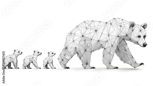 Obraz na płótnie Polygonal engraved of a mother bear with her curious cubs in a stylized natural habitat w salonie