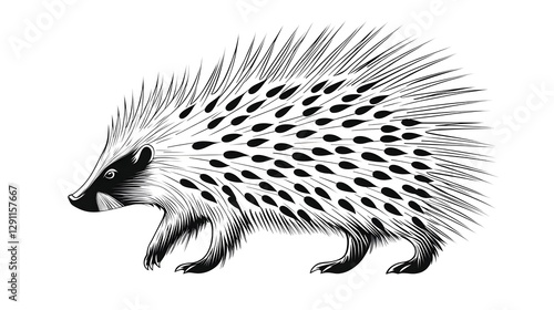 Obraz na płótnie Porcupine with its quills raised depicted in a detailed line engraving style with bold contrast The image showcases the textured and patterned appearance of the porcupine s spines w salonie