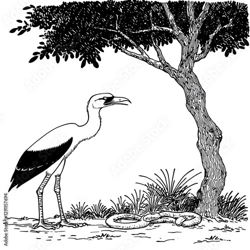 Obraz na płótnie Powerful and dynamic ink depicting a secretary bird aggressively striking at a snake in a natural outdoor environment with lush foliage rocks and dramatic contrasts w salonie