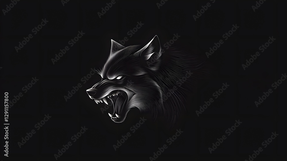 Powerful and Ferocious Snarling Wolf Drawn in a Classic Scratchboard Style with Deep Shadows High Contrast and Piercing Glowing Eyes