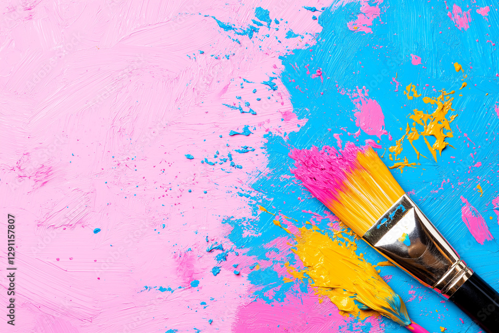 Obraz premium Paintbrush with Pink and Yellow Paint on a Textured Pink and Blue Background