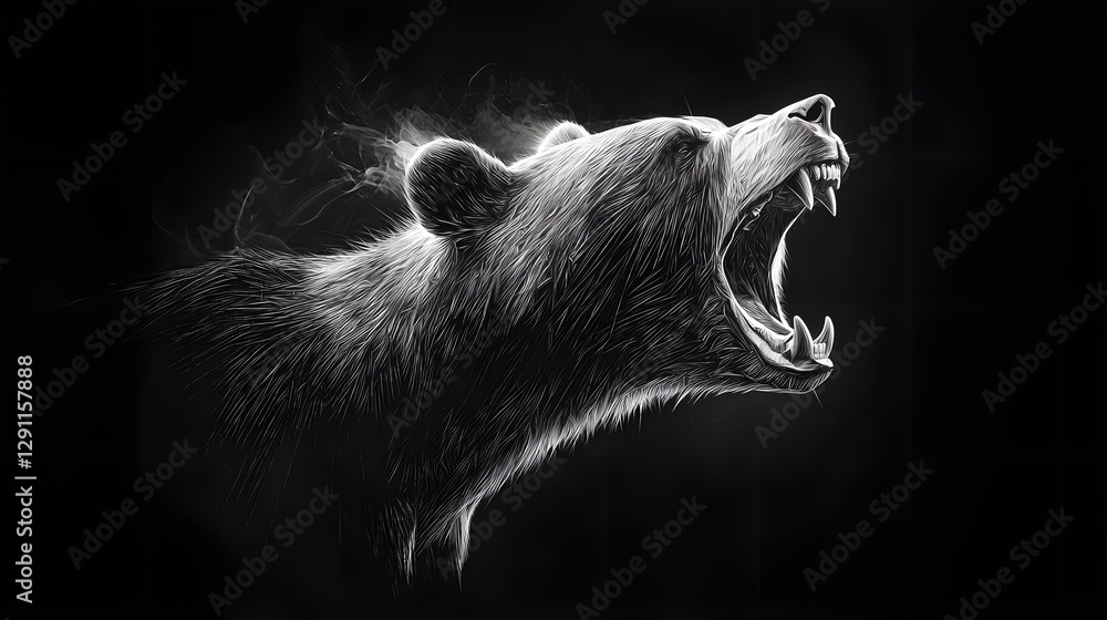 Powerful and Fierce Grizzly Bear Roaring in High Contrast Scratchboard with Bold Line Strokes and Textured Backdrop