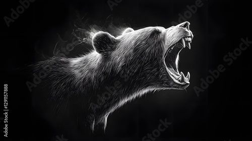Powerful and Fierce Grizzly Bear Roaring in High Contrast Scratchboard with Bold Line Strokes and Textured Backdrop