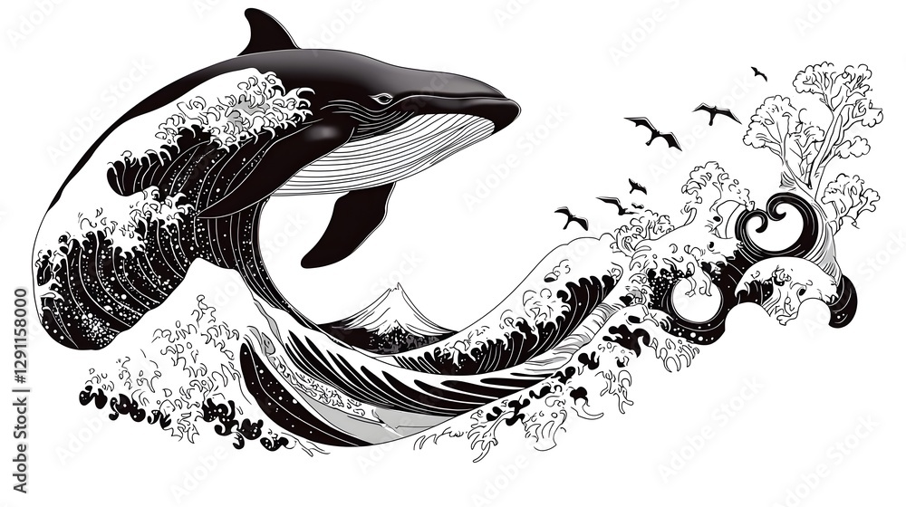 Powerful and graceful of a majestic whale breaching the surface of the ocean depicted in a high contrast ink line style with dynamic wave textures and dramatic stylized movement