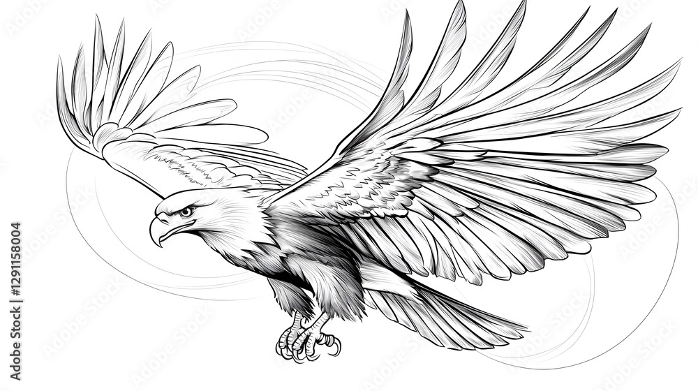 Powerful and majestic eagle soaring high with its wings fully extended captured in a classic pen and ink technique that showcases the intricate details of its feathers and bold